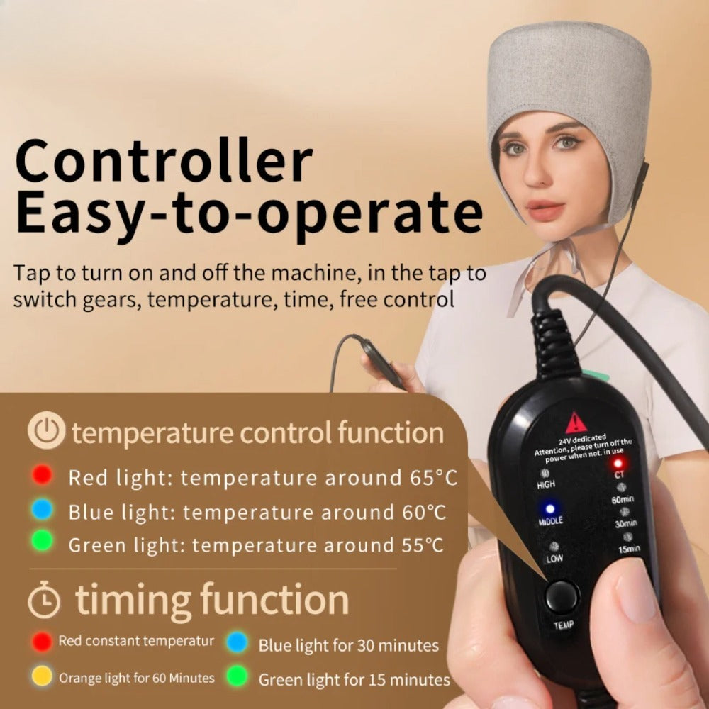 Red Light Therapy Hat for Migraine Relief, 24V Heated Head Wrap for Tension Headache, Rheumatic Pain & Stress (65°C Max)