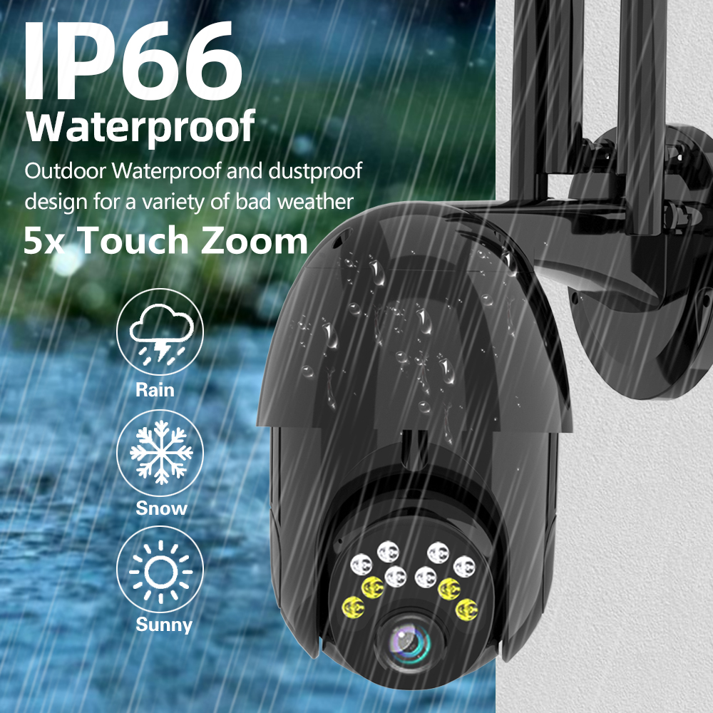 1080P HD Outdoor PTZ IP Camera, 10 LED, 5X Zoom, Two-Way Audio, Voice Alarm, Waterproof, Night Vision, Black