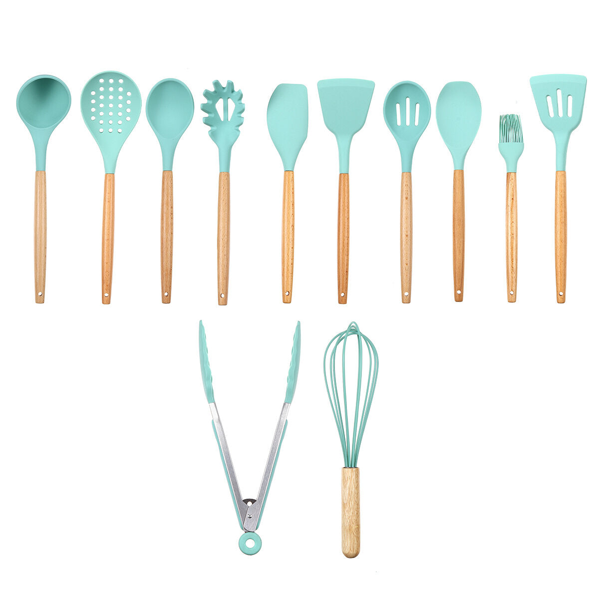 12pcs Wooden Silicone Kitchen Utensil Set - Nonstick Cooking Tools: Spoon, Ladle, Turner, Spatula, Tongs, Baking Gadgets