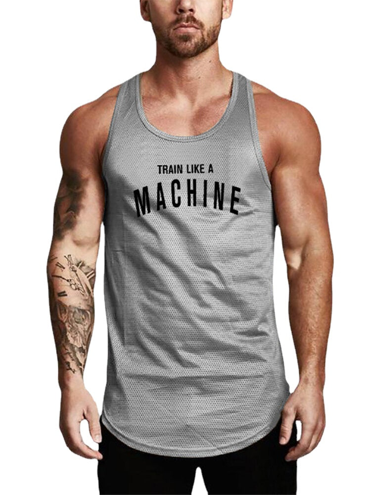 Men's Fitness Workout Tank Tops - Round Neck, Printed Design