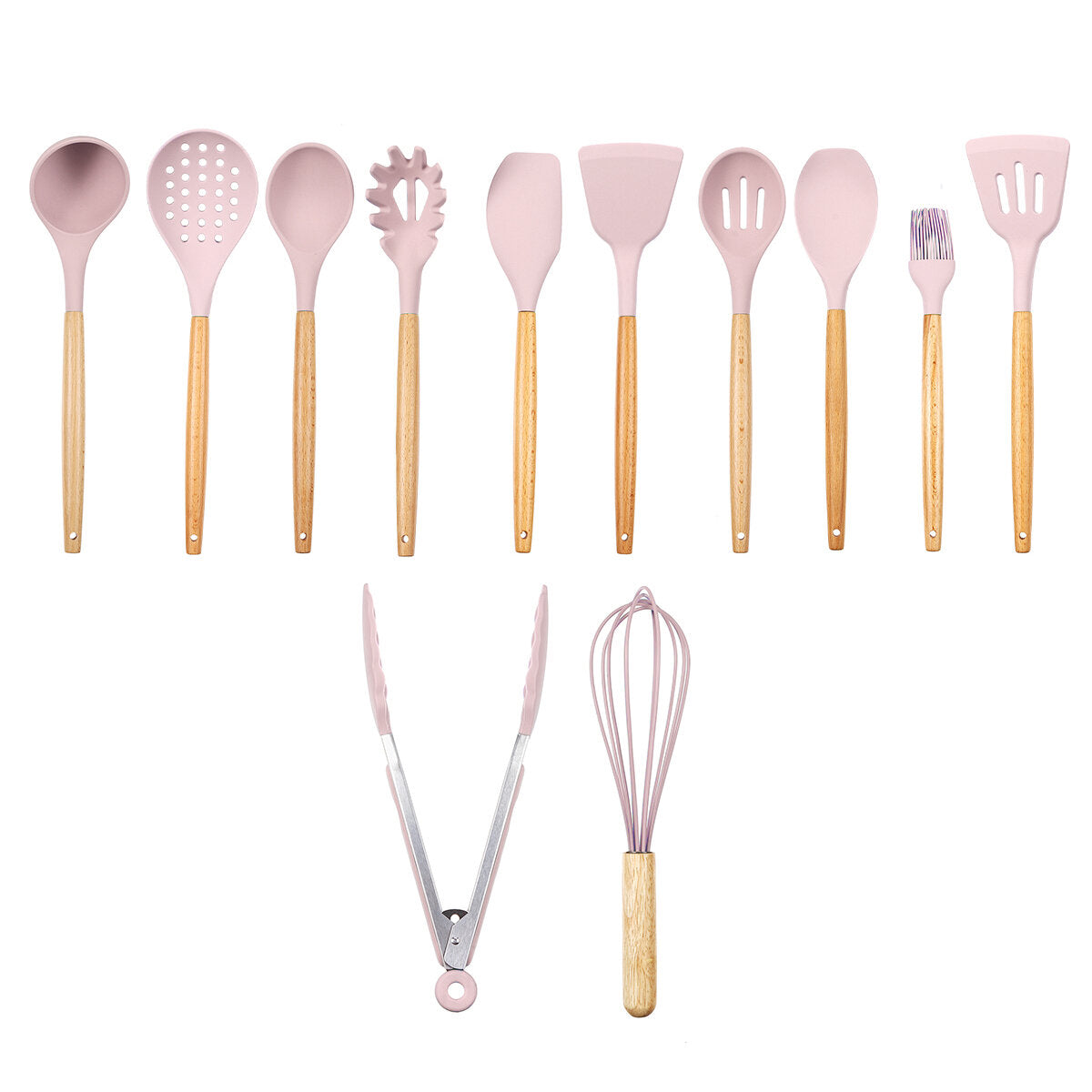 12pcs Wooden Silicone Kitchen Utensil Set - Nonstick Cooking Tools: Spoon, Ladle, Turner, Spatula, Tongs, Baking Gadgets