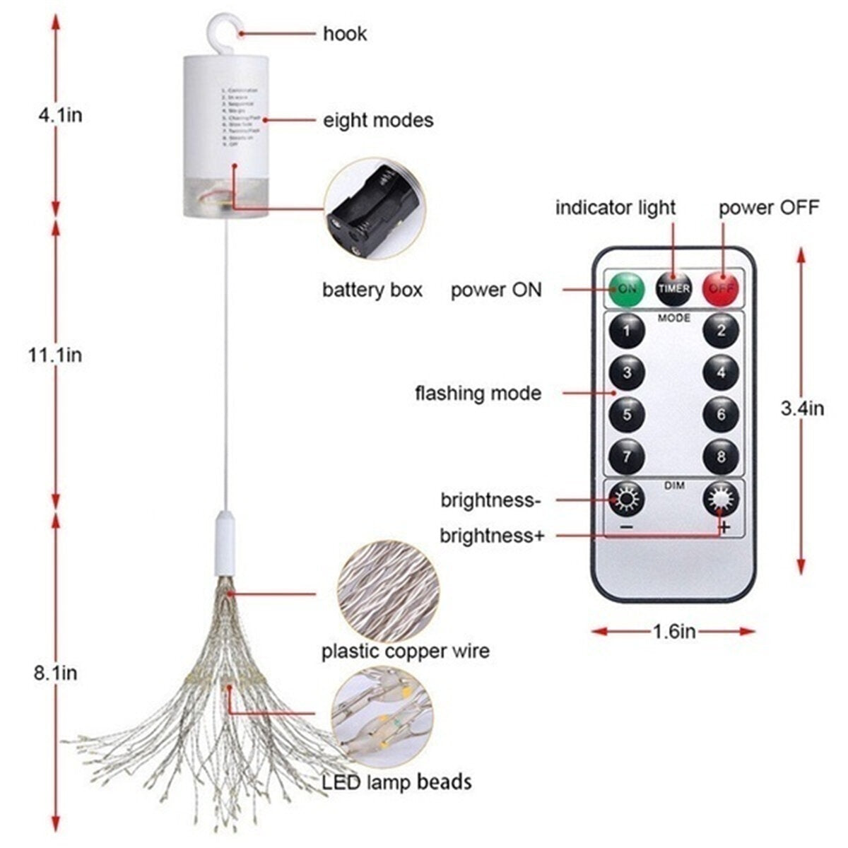 100/200 LED-Feuerwerkslicht - 8-Modus-Feenlichterkette mit Fernbedienung für die Dekoration von Haus und Garten