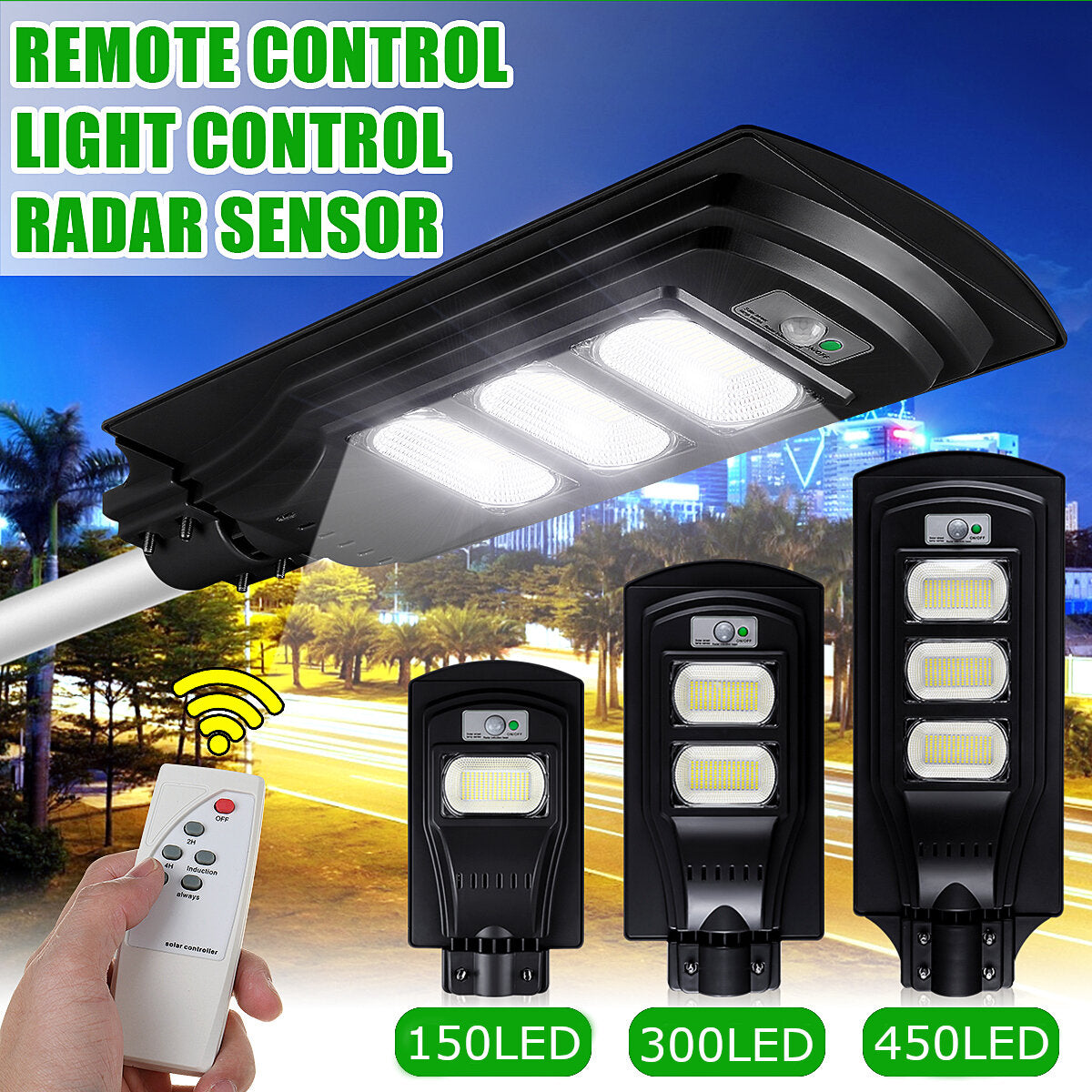 150/300/450 LED Solar Light with Sensor, Timing & Light Control for Garden, Yard, Street - Includes Remote Control