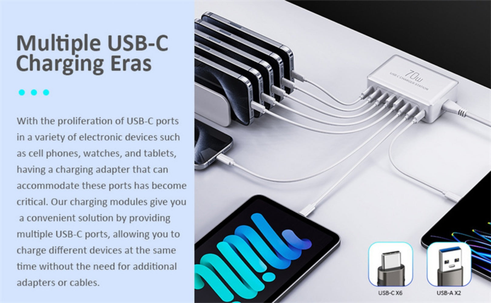 70W 8-Port USB PD Charger: 2 USB-A & 6 USB-C Fast Charging Station for iPhone, Huawei, Xiaomi, Samsung