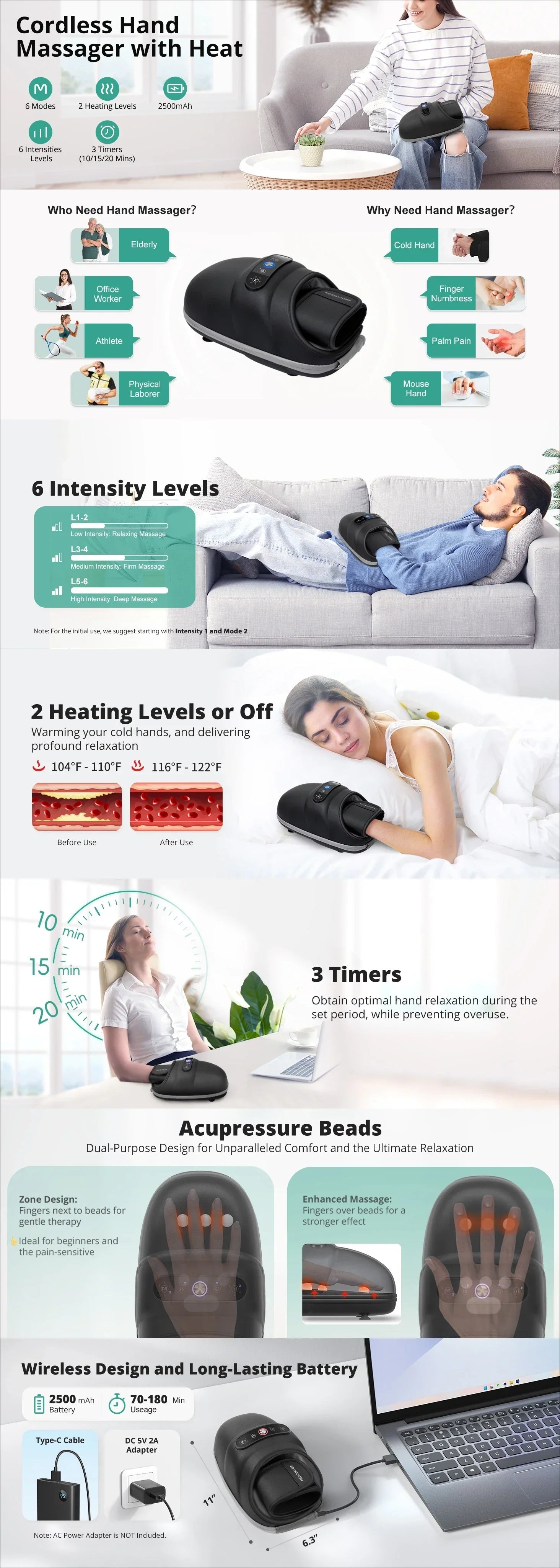 Wireless Electric Hand Massager with Air Compression, Hot Compress for Arthritis and Muscle Relaxation Updated version