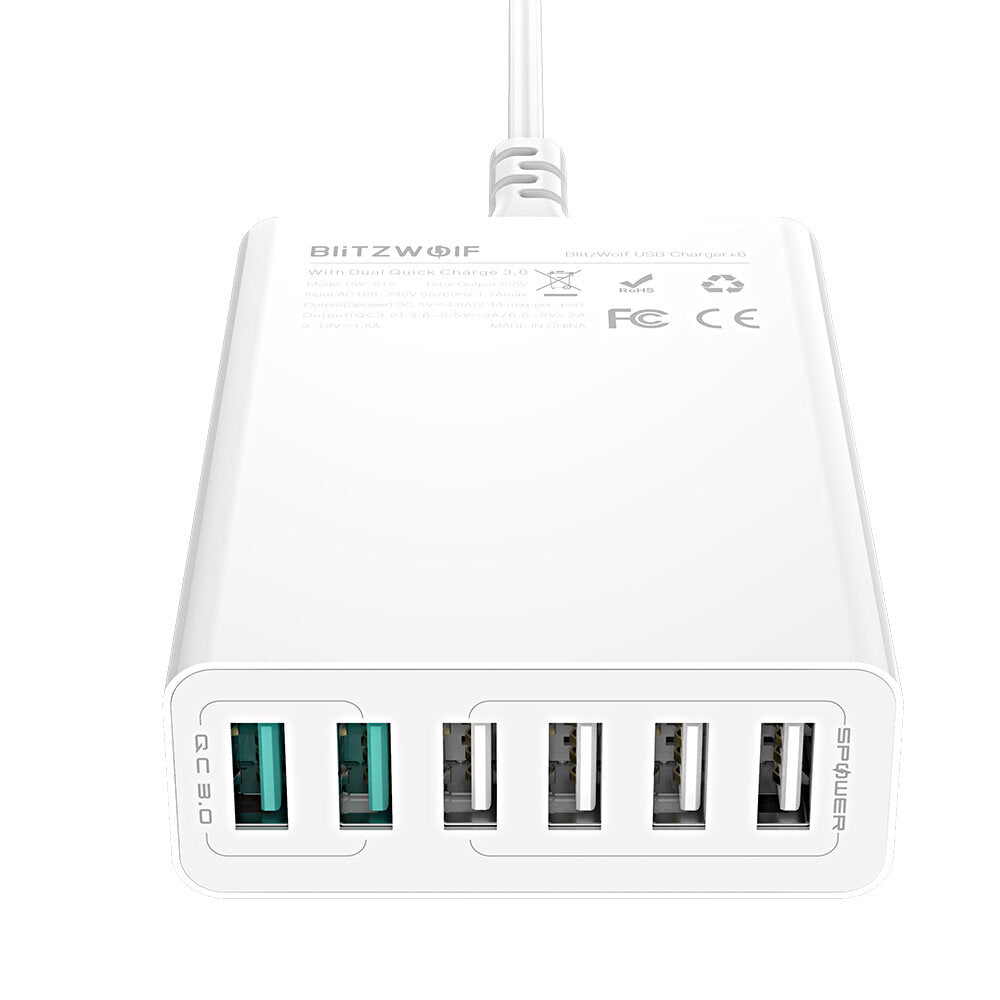 60W 6-Port USB Charger with Dual QC3.0, Desktop Charging Station, EU Plug Adapter