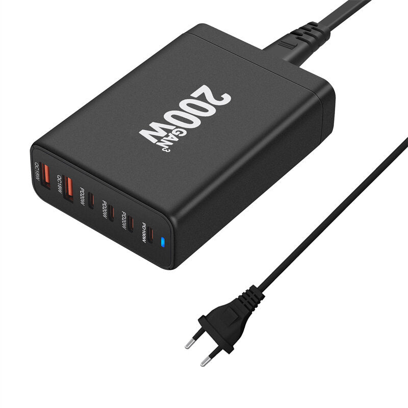 200 W GaN 6-Port USB PD-Schnellladegerät für iPhone, Huawei, Samsung