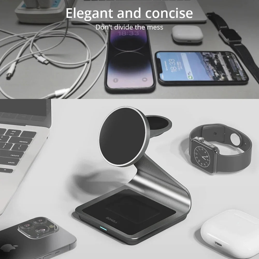 Magnetic 3-in-1 Wireless Charger for iPhone 15/14/13, Apple Watch, and AirPods Pro