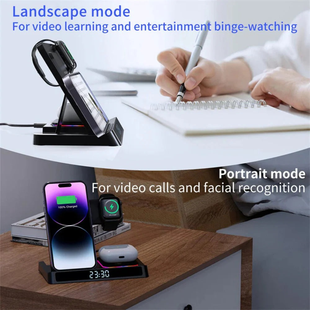 15W Wireless Foldable Charger with Digital Clock for iPhone, Xiaomi, Huawei, Apple Watch, AirPods