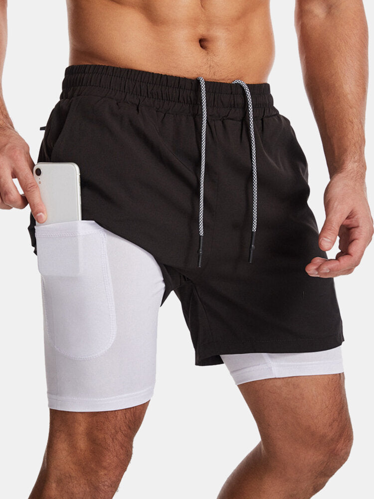 Schnelltrocknende, doppellagige Sport-Laufboard-Shorts für Herren – einfarbig, dehnbar, lässig