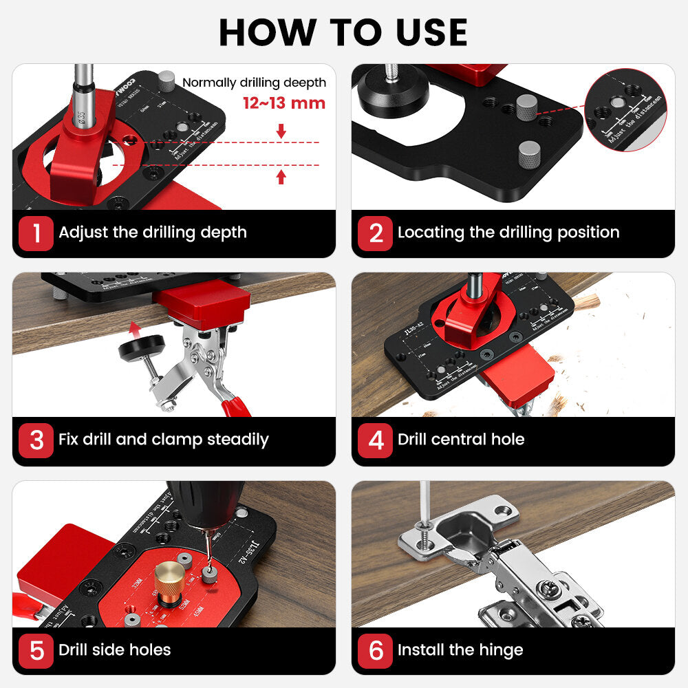 Aluminum Alloy 35MM Hinge Boring Drill Guide Jig with Clamp for Woodworking Cabinet Door Installation