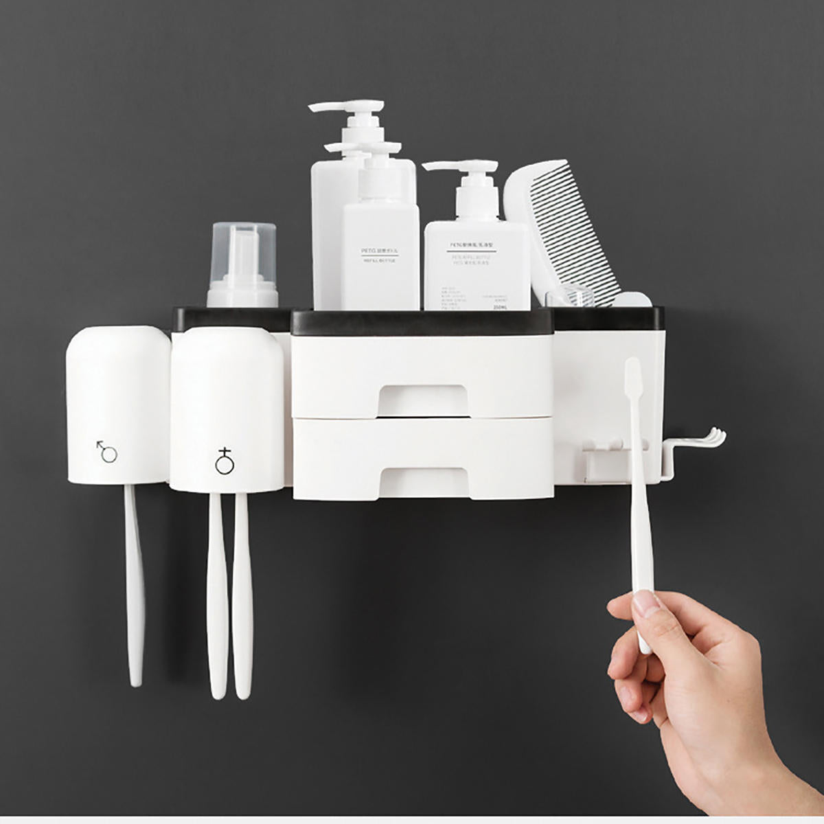 Wall-Mounted Toothbrush Rack with Mouthwash Cup, 2 Drawers, and Toothpaste Extruder - Hole-Free Installation