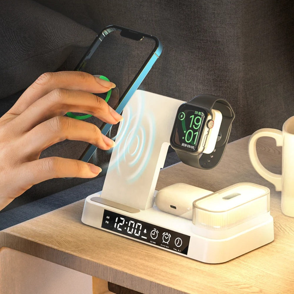 30W 3-in-1 Wireless Charger Stand with Alarm Clock & Night Light for iPhone and Samsung Devices