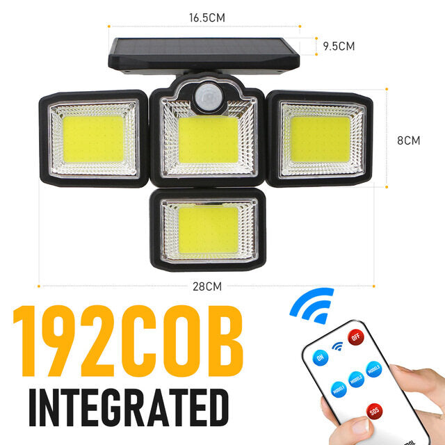 192/198 LED COB Solar Lights - 4 Head Motion Sensor, 270 Degree Wide Angle, Waterproof, Remote Control, Outdoor Garden Wall Lamp