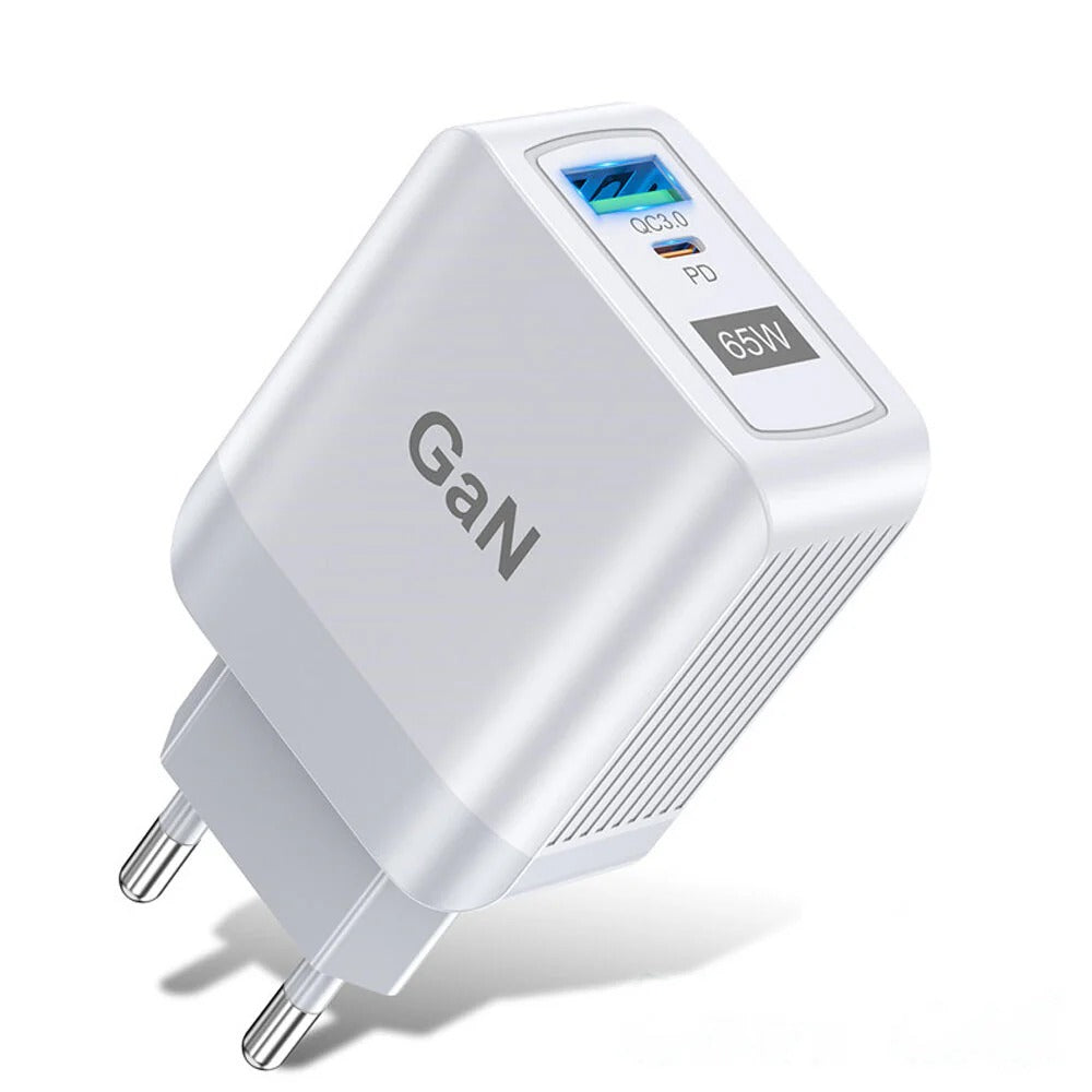 65W GaN Dual USB PD Charger, Fast Charging Adapter for Xiaomi, iPhone, Samsung Devices