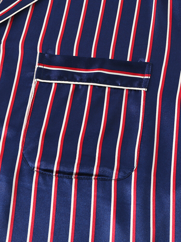 Men's Striped Silk Long Sleeve Pajama Set - Casual Homewear