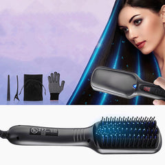 Electric Hair Straightener Brush - 26 Temp Settings, LCD Display, Fast Heating, Anti-Scald Ceramic Comb