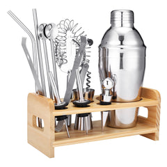 14-Piece Stainless Steel Cocktail Shaker Set with Bamboo Stand