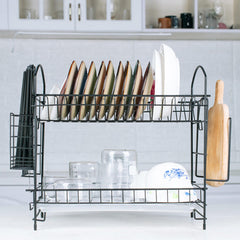 2-Layer Dish Drainer Rack with Cutlery Holder, Drip Tray, and Kitchen Storage