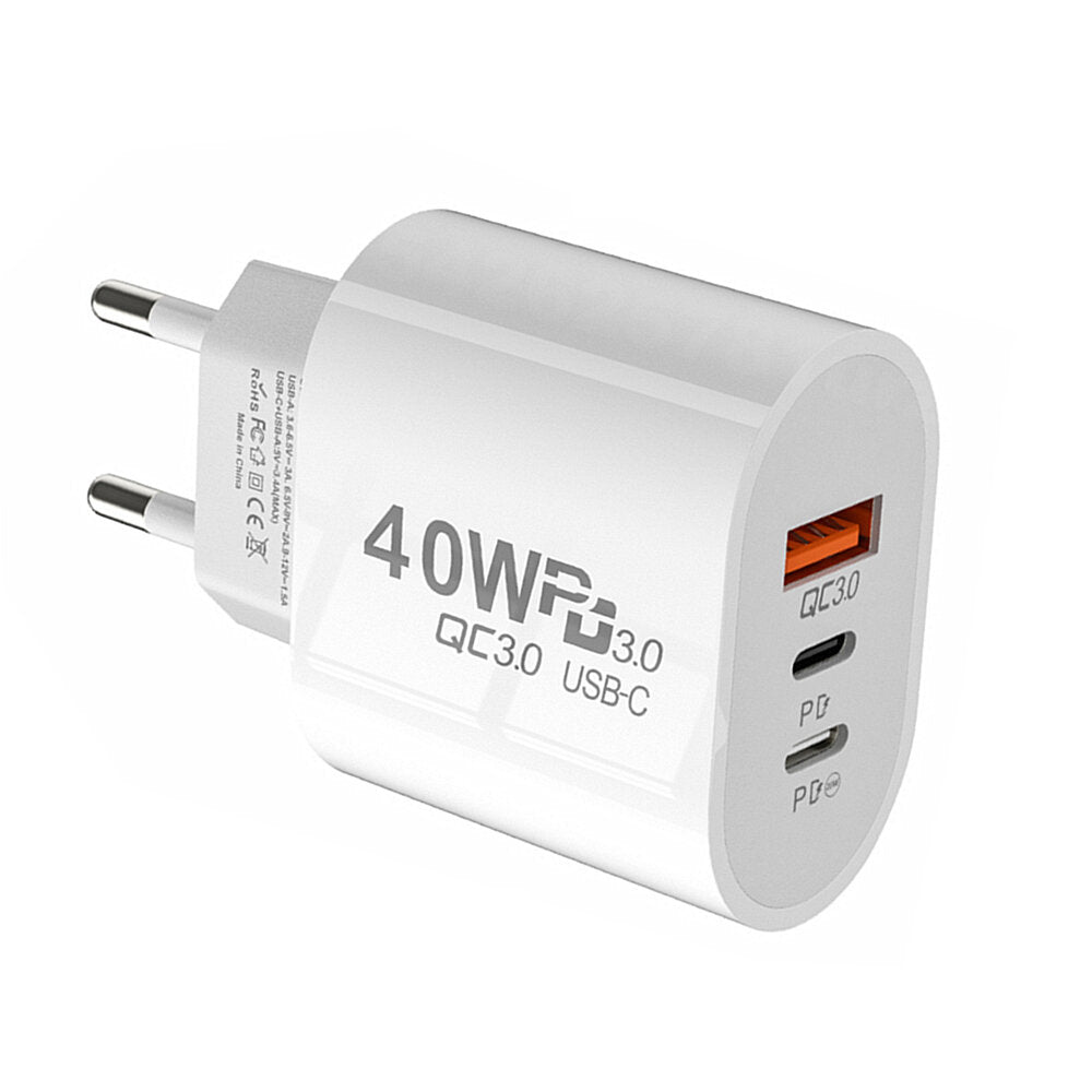 40 W 3-Port USB PD Ladegerät: Dual USB-C &amp; USB-A Schnellladeadapter für iPhone, Samsung, Huawei