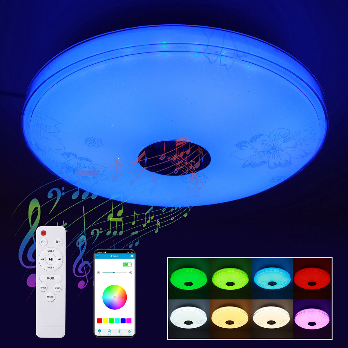 16" 100W LED RGB Music Ceiling Lamp with Bluetooth APP & Remote Control for Bedroom/Workshop 85V-265V