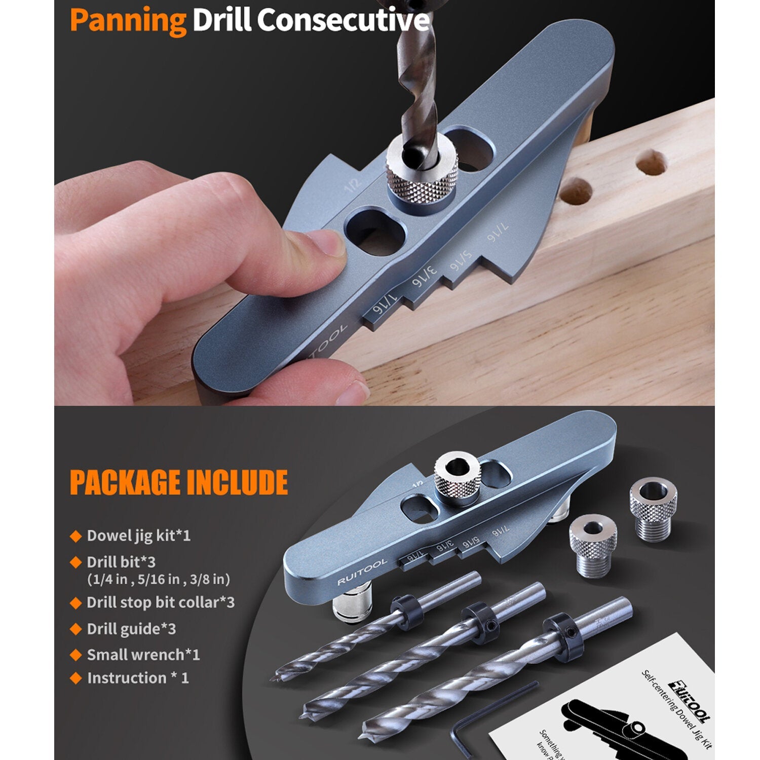 Precision Dowel Jig Kit - Aluminum Self-Centering Tool with 1/4, 5/16, 3/8 Inch Drill Bits