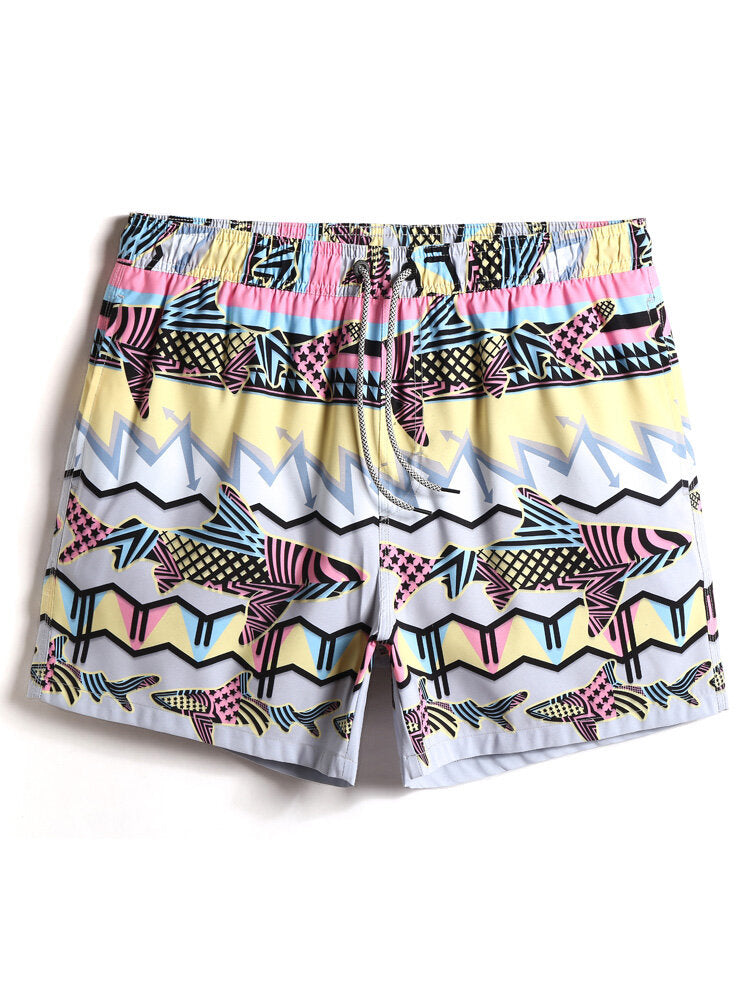 Schnelltrocknende Strandshorts für Herren mit Fisch-Print und Kordelzug in der Taille