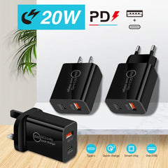 Dualer 20W USB-C PD3.0 QC3.0 Schnellladegerät-Adapter mit EU-Stecker für iPhone, Huawei, Samsung