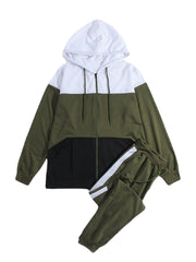 Men's Tricolor Patchwork Hoodie Jacket & Jogger Pants Sport Two-Piece Set