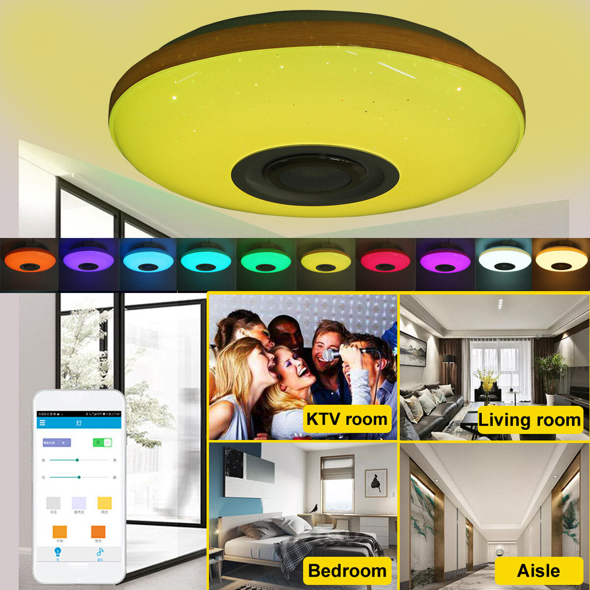 120W LED Ceiling Lamp with Bluetooth Speaker, Dimmable RGB Light, and Remote Control