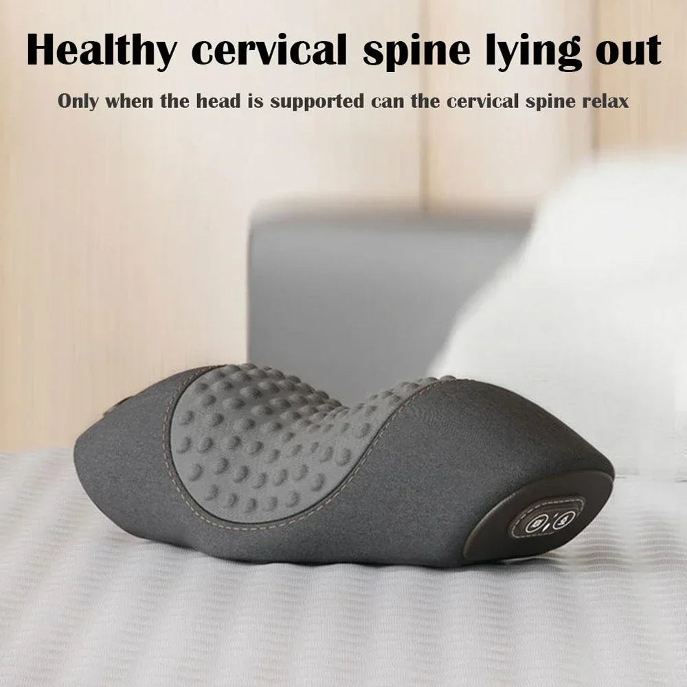 Electric Massager Cervical Pillow with Hot Compress, Vibration, Neck Traction, Memory Foam for Spine Support