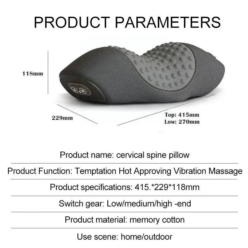 Electric Massager Cervical Pillow with Hot Compress, Vibration, Neck Traction, Memory Foam for Spine Support