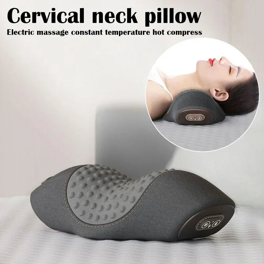 Electric Massager Cervical Pillow with Hot Compress, Vibration, Neck Traction, Memory Foam for Spine Support