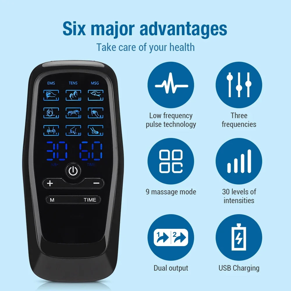 EMS Electric Muscle Stimulator, Professional TENS Unit, USB Physiotherapy, 9 Modes, Full Body Mini Massager