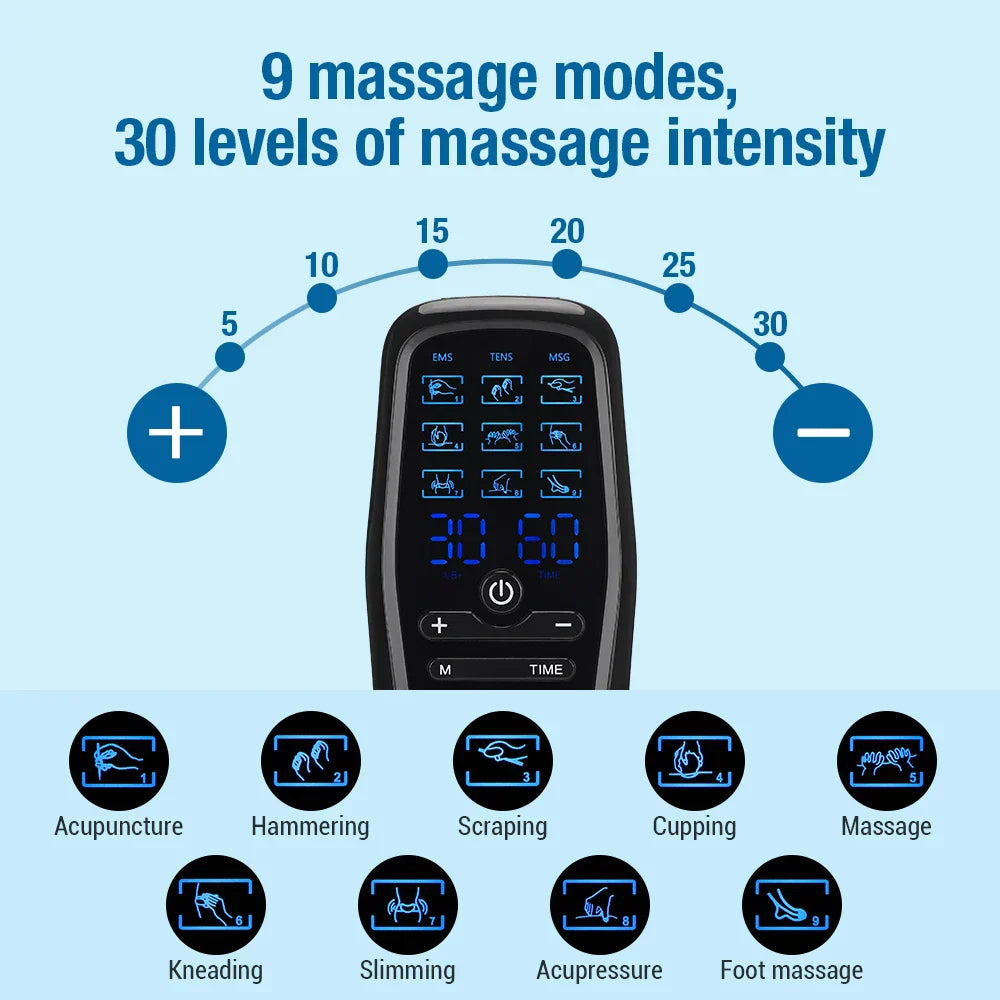 EMS Electric Muscle Stimulator, Professional TENS Unit, USB Physiotherapy, 9 Modes, Full Body Mini Massager