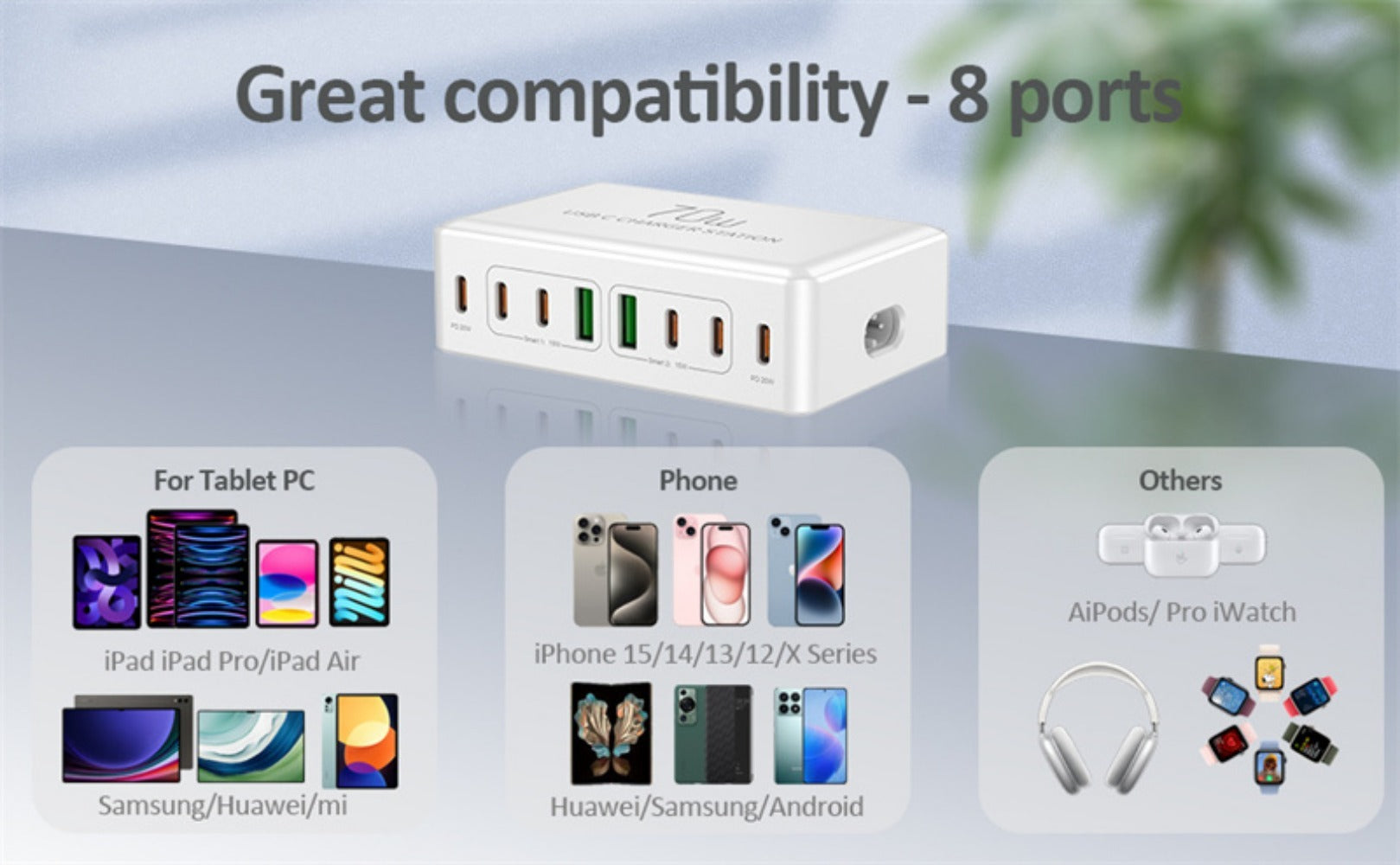 70W 8-Port USB PD Charger: 2 USB-A & 6 USB-C Fast Charging Station for iPhone, Huawei, Xiaomi, Samsung