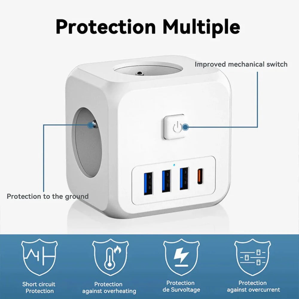 4000 W 7-Port-Steckdosenleiste mit Schnellladefunktion USB-C/USB-A und 3 AC-Steckdosen mit EU-Stecker für iPhone, Huawei, Samsung, Xiaomi