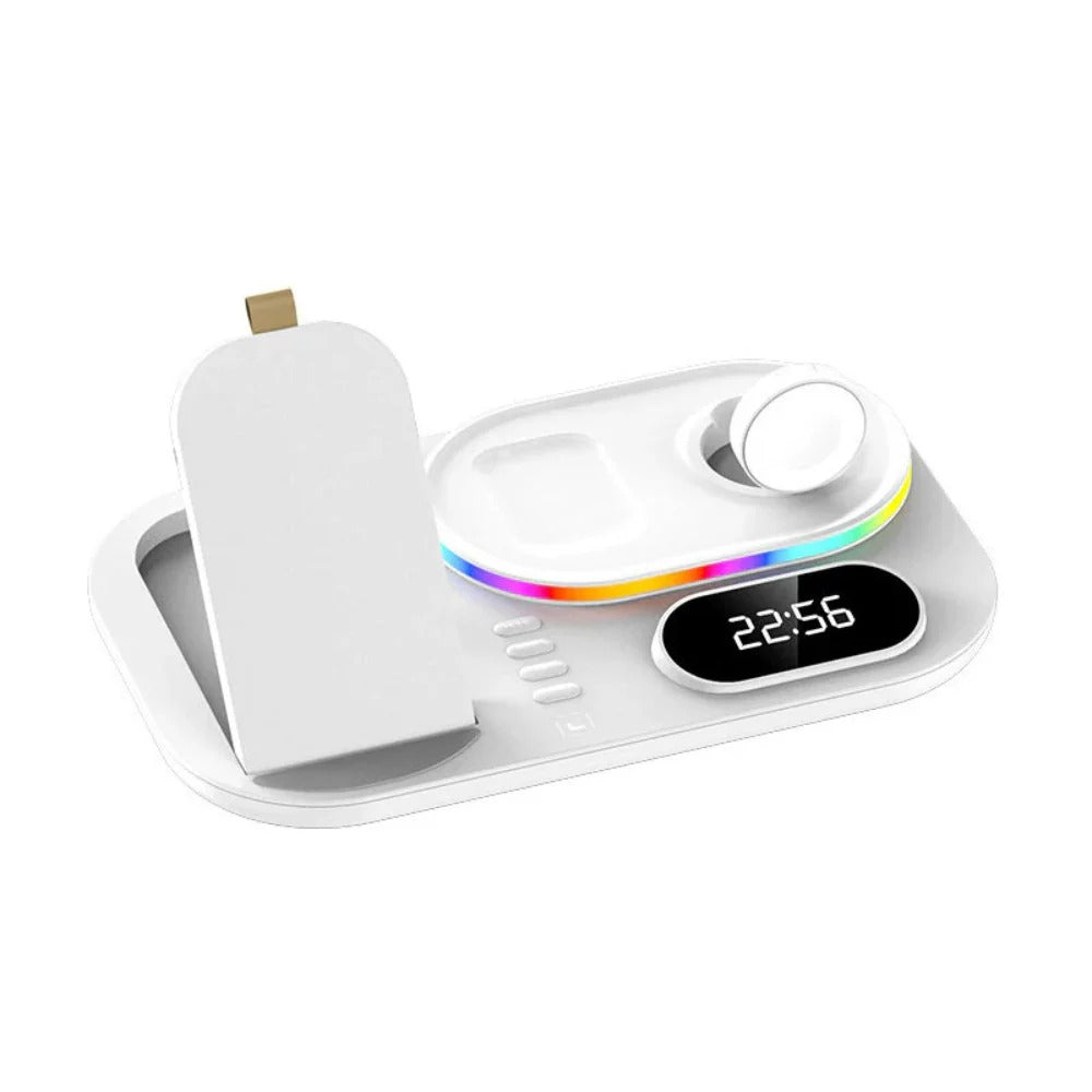 15W 4-in-1 Wireless Charger with Digital Clock & RGB Lights for iPhone, Samsung, Huawei, Xiaomi, AirPods, Apple Watch