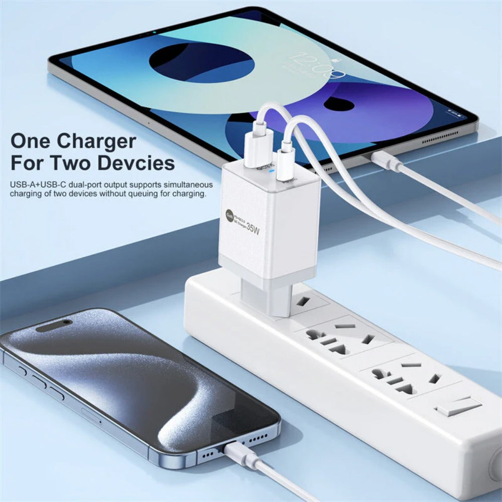 35 W GaN USB PD-Ladegerät, Dual USB-A/USB-C-Anschlüsse, Schnellladung, EU-Stecker für iPhone, Xiaomi, Huawei, Samsung