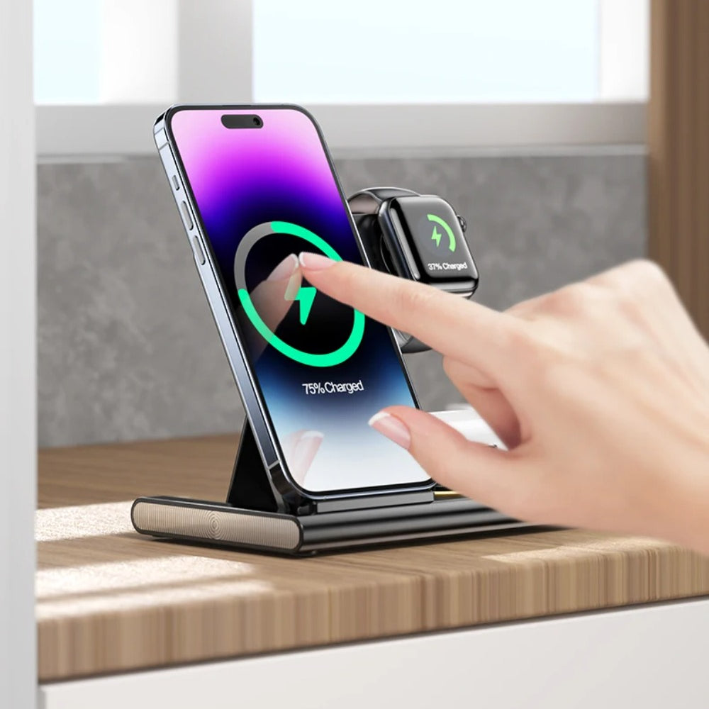 3-in-1 Wireless Charger Stand for iPhone 15/14/13/12, Samsung S23/S22, Galaxy Watch, and Buds