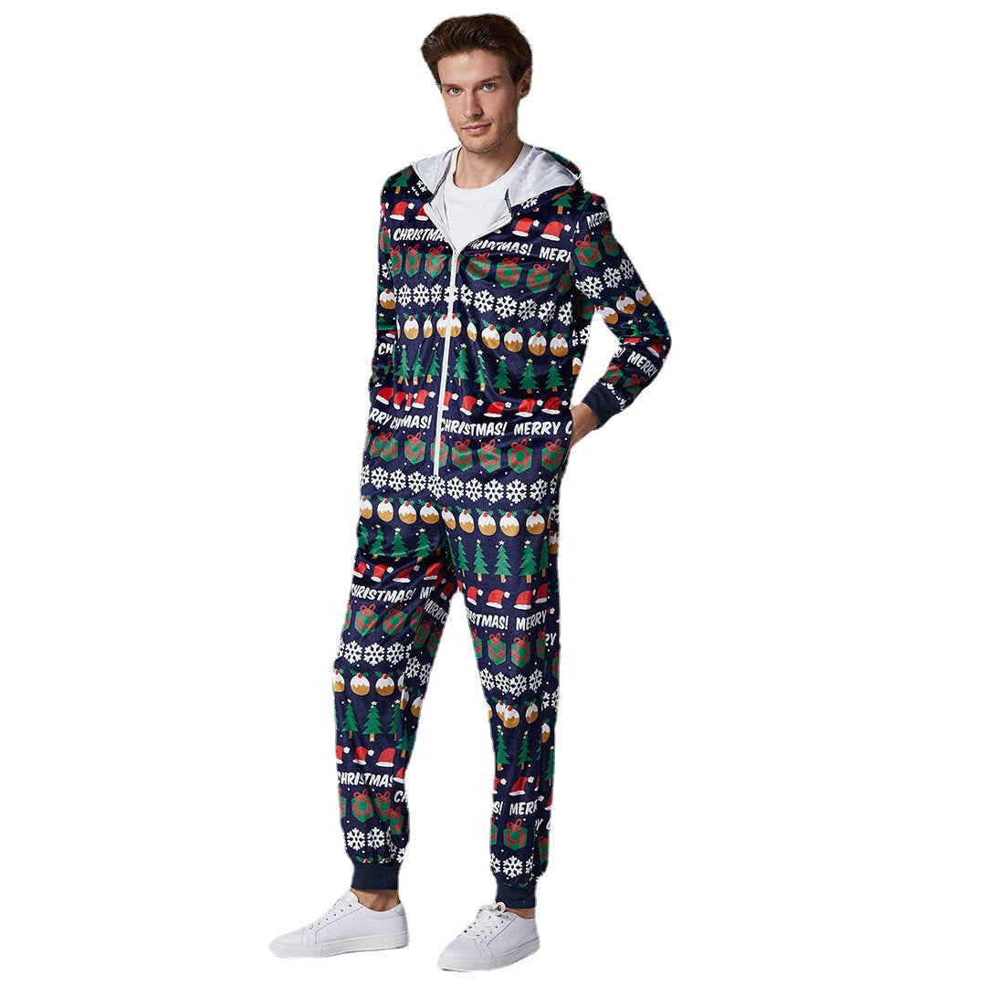 Men's Christmas Pattern Hooded Onesie Pajama Set - Holiday Loungewear with Zip Down Design