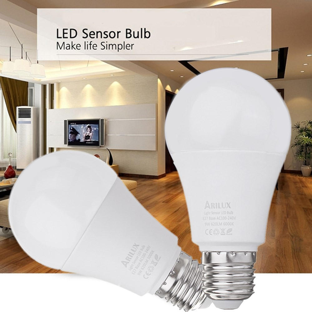 E27 A60 9W 620LM LED Sensor Globe Light Bulb, Warm White/Pure White, Dusk to Dawn, AC100-240V