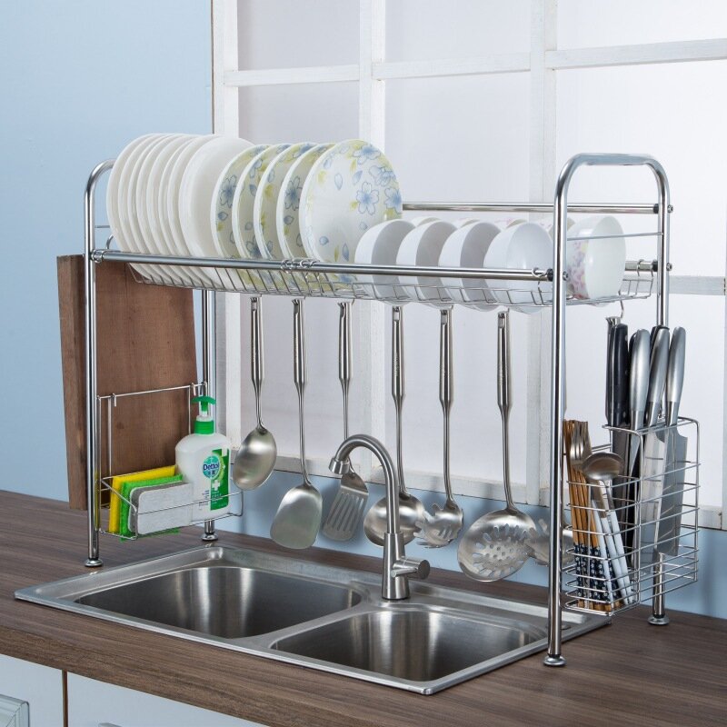 Double Layer Stainless Steel Rack Shelf for Kitchen Dishes - 64/74/84cm Storage Organizer