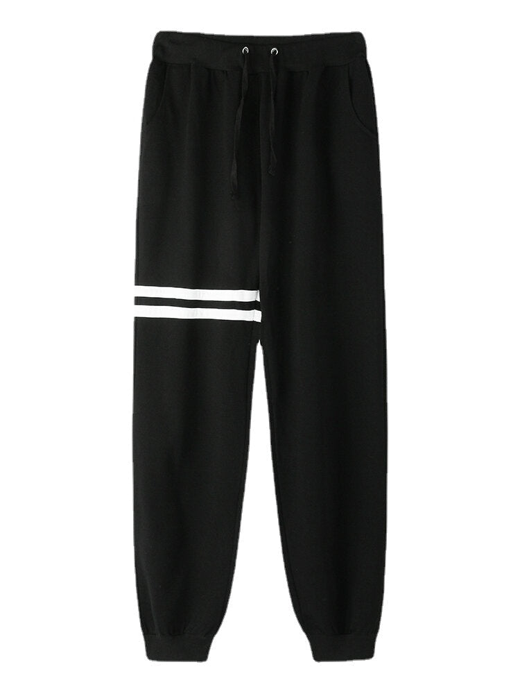 Men's Striped Casual Drawstring Fleece Cotton Knitted Sport Pants with Beam Feet