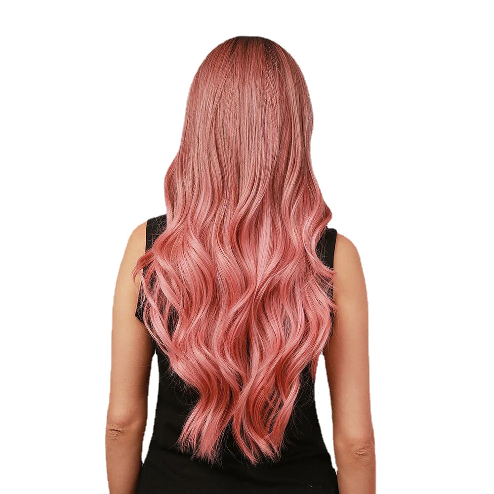 28" Brown Gradient Pink Curly Wig with Air Bangs - Big Wave Length, Full Head Cover, Perfect for Christmas