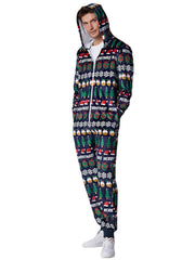 Men's Christmas Pattern Hooded Onesie Pajama Set - Holiday Loungewear with Zip Down Design