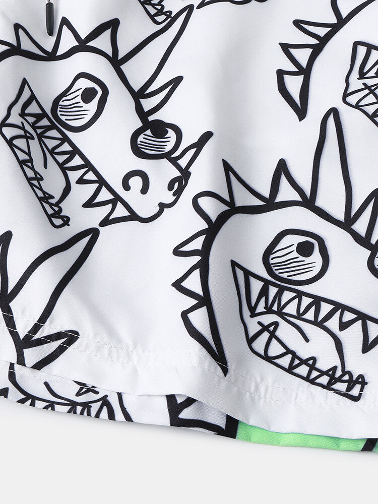 Schnelltrocknende Strandshorts für Herren mit Cartoon-Dinosaurier-Aufdruck und Kordelzug