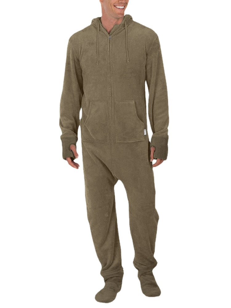 Dicker Flanell-Schlafanzug für Herren mit Kapuze, Daumenlöchern und Socken – Thermo-Loungewear