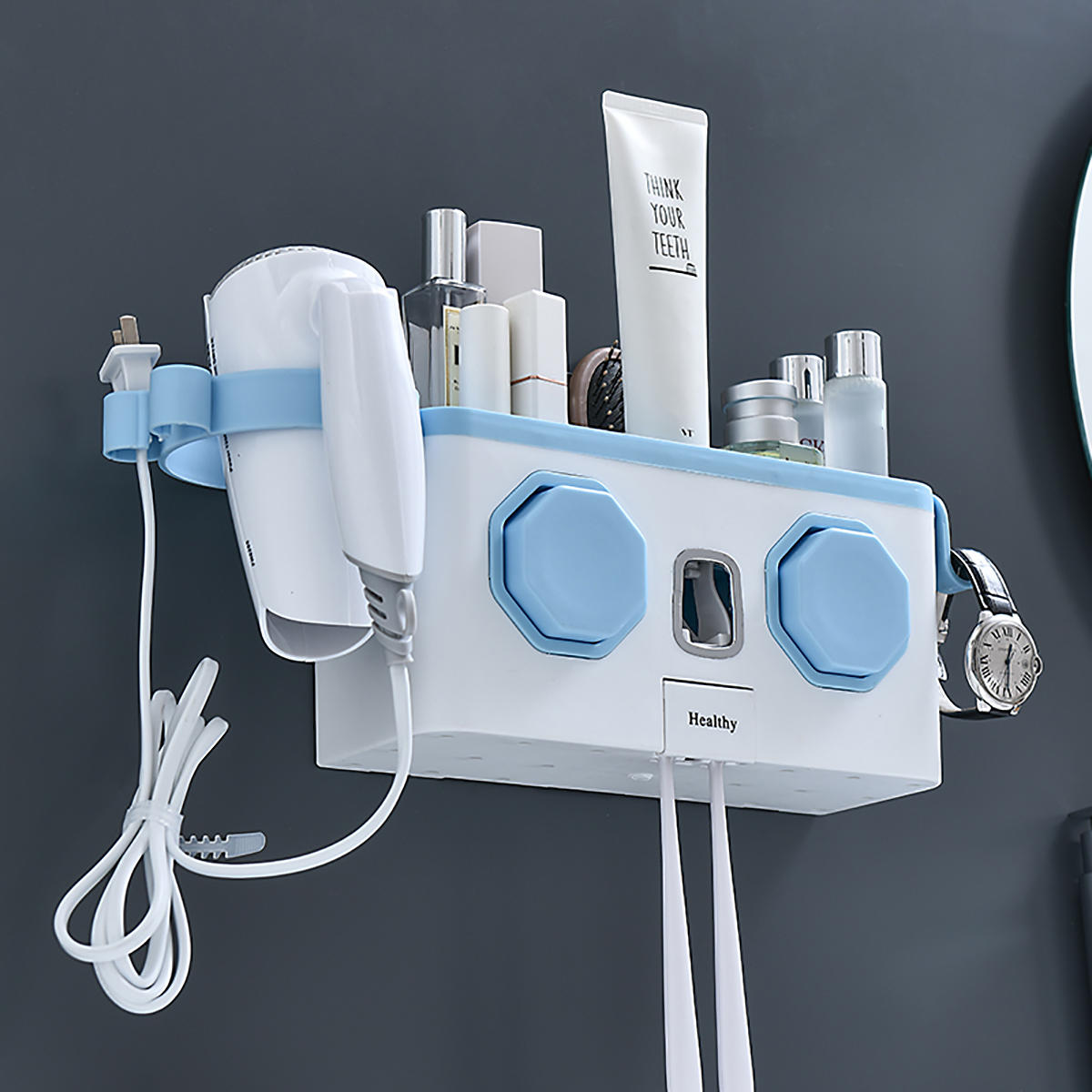 Multifunction Toothbrush Holder with Automatic Toothpaste Dispenser and Hair Dryer Rack