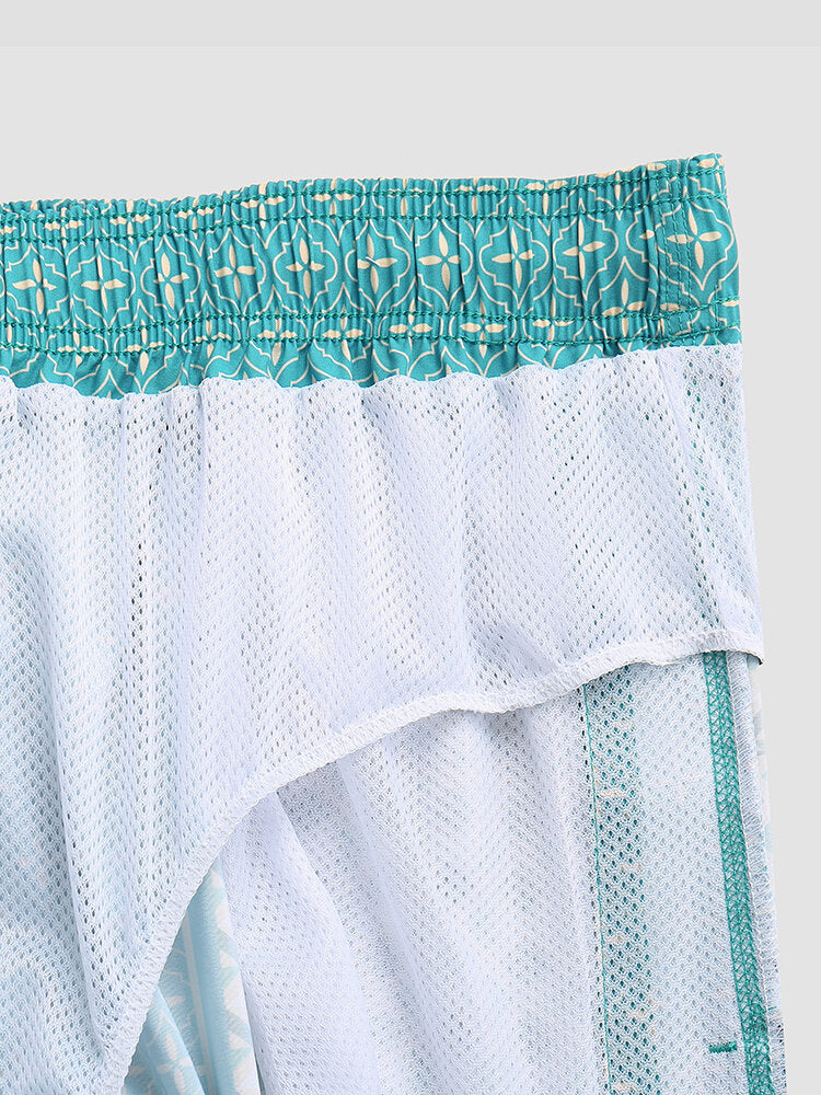 Leichte Boardshorts für Herren im Retro-Stil mit Patchwork-Print und Kordelzug